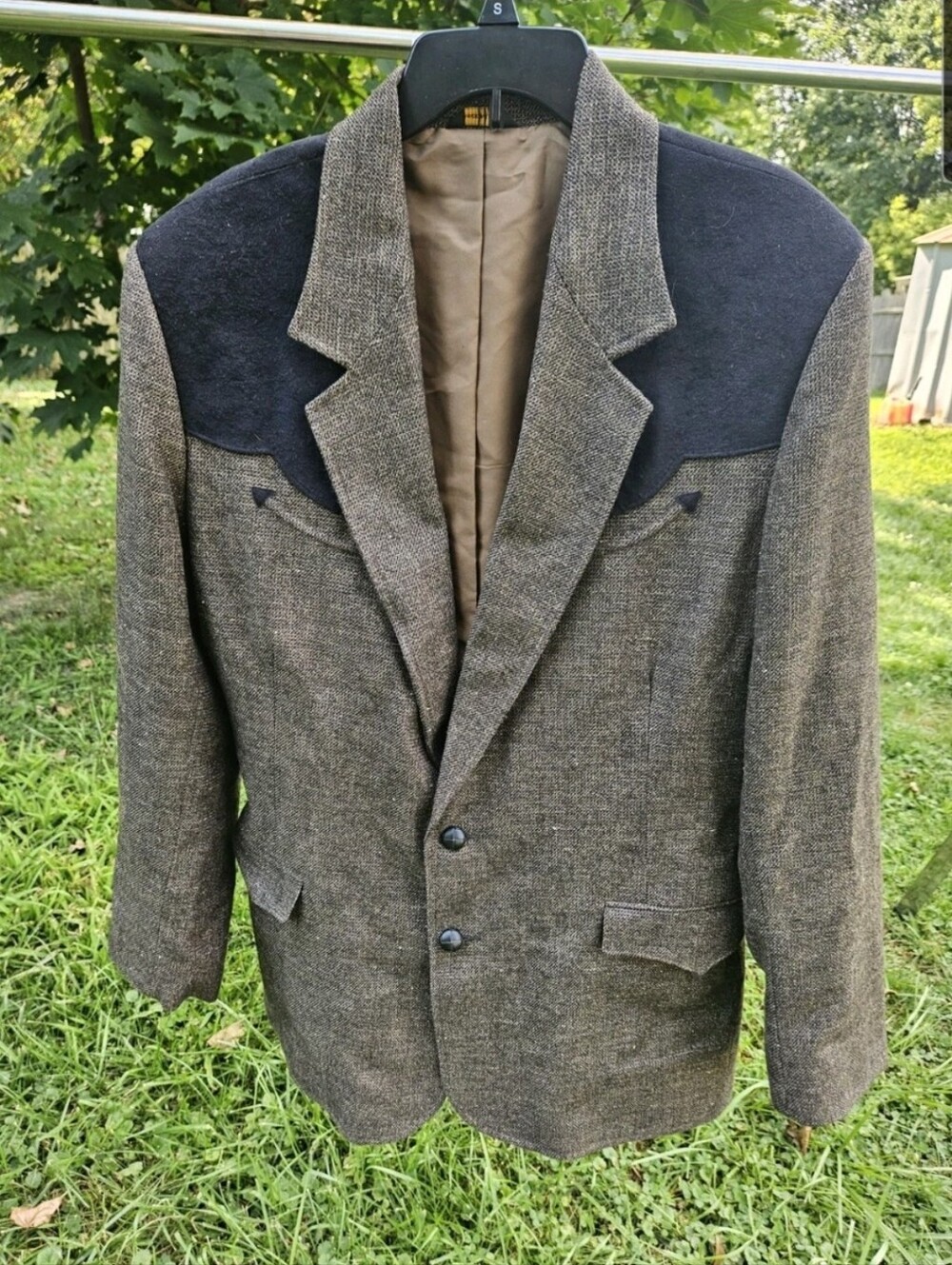 Vintage Pioneer Wear Western Tweed Blazer Sport Coar Mens 46 Brown Suede Yoke.